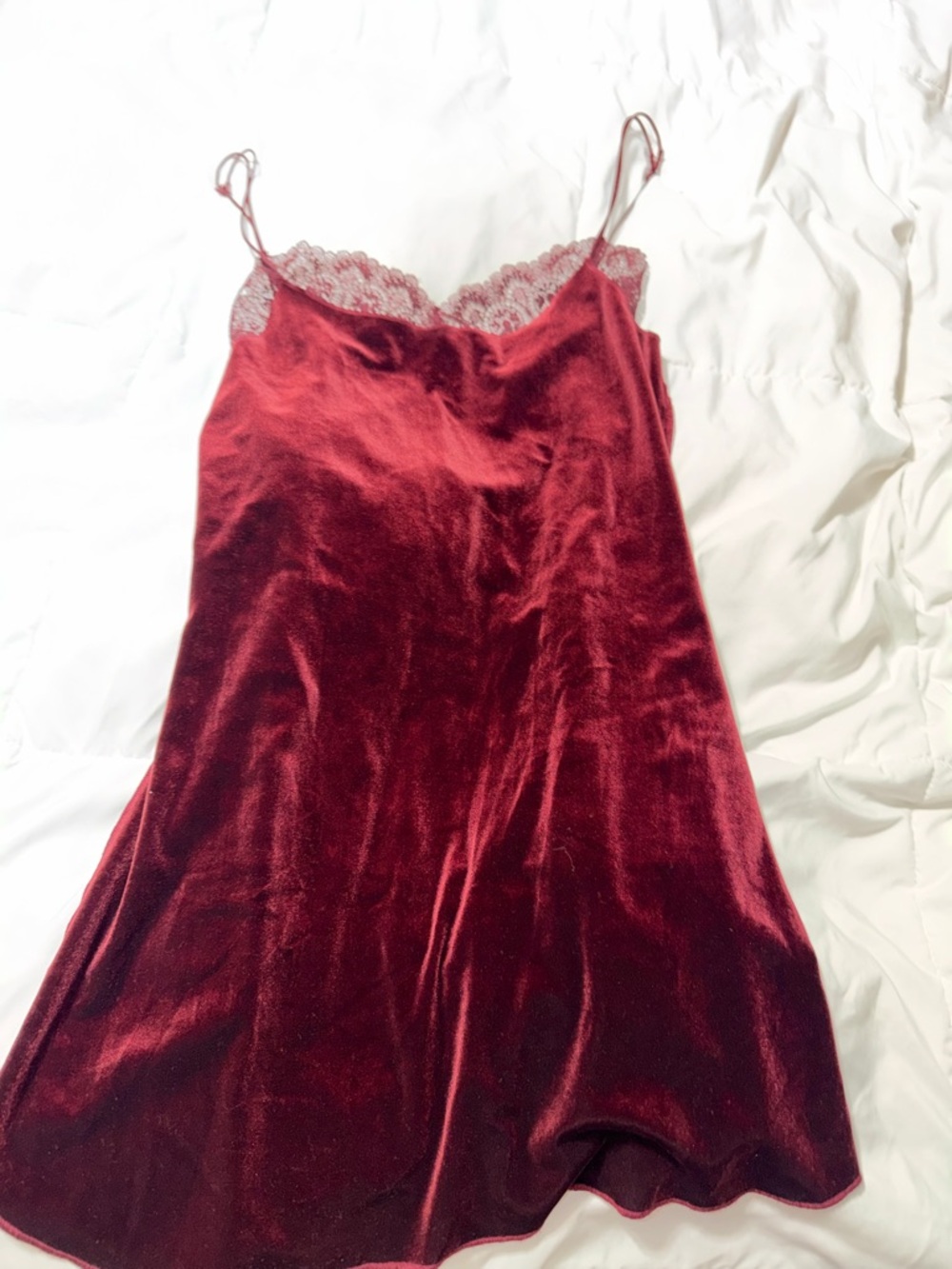 Anthropologie Velvet Lace-Trim Slip Dress - Wine Red